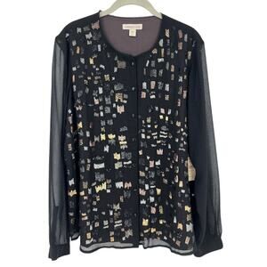 NEW Coldwater Creek Black Baroque Shimmer Blouse Gold Silver Sequin Women's XL